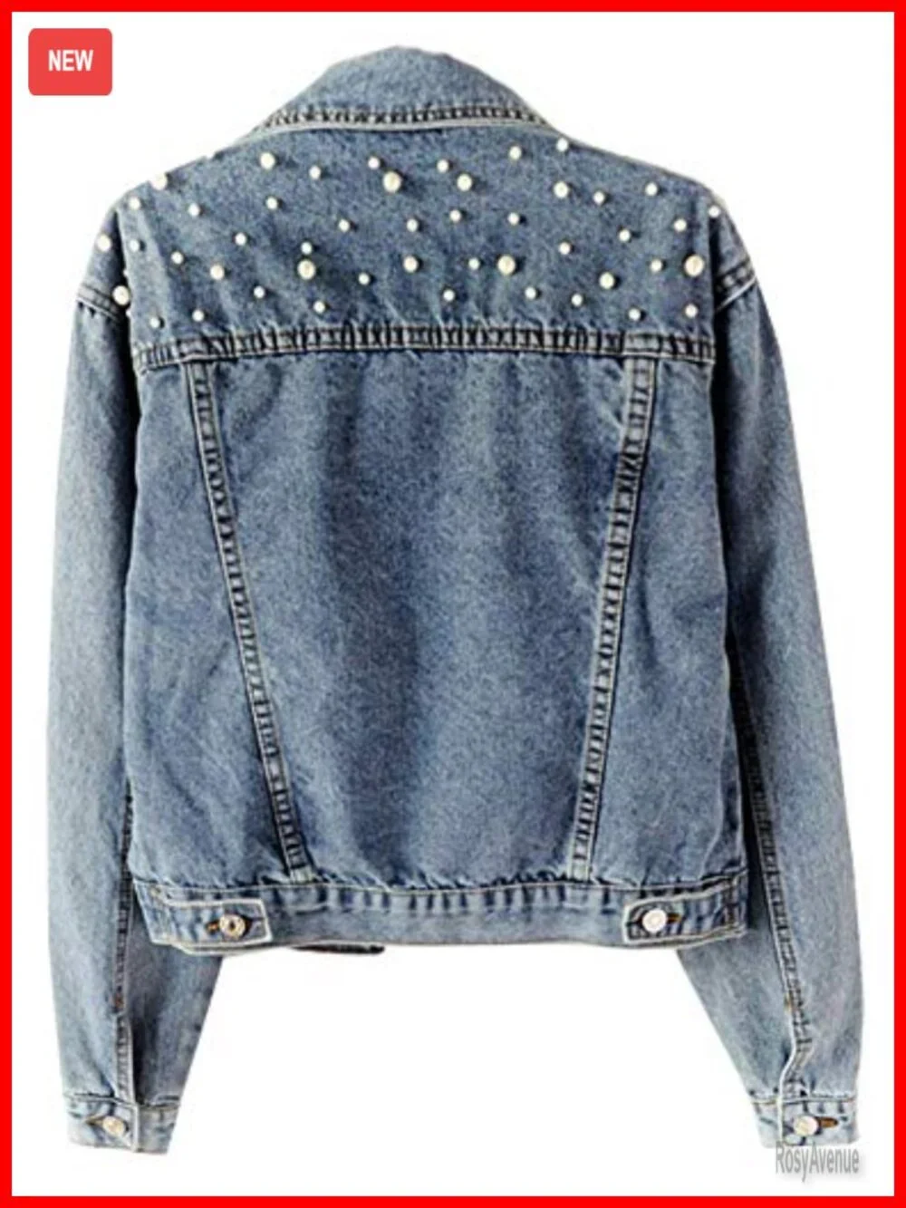 Oversized Denim Jacket with Pearls Beading Long Sleeve Button Up